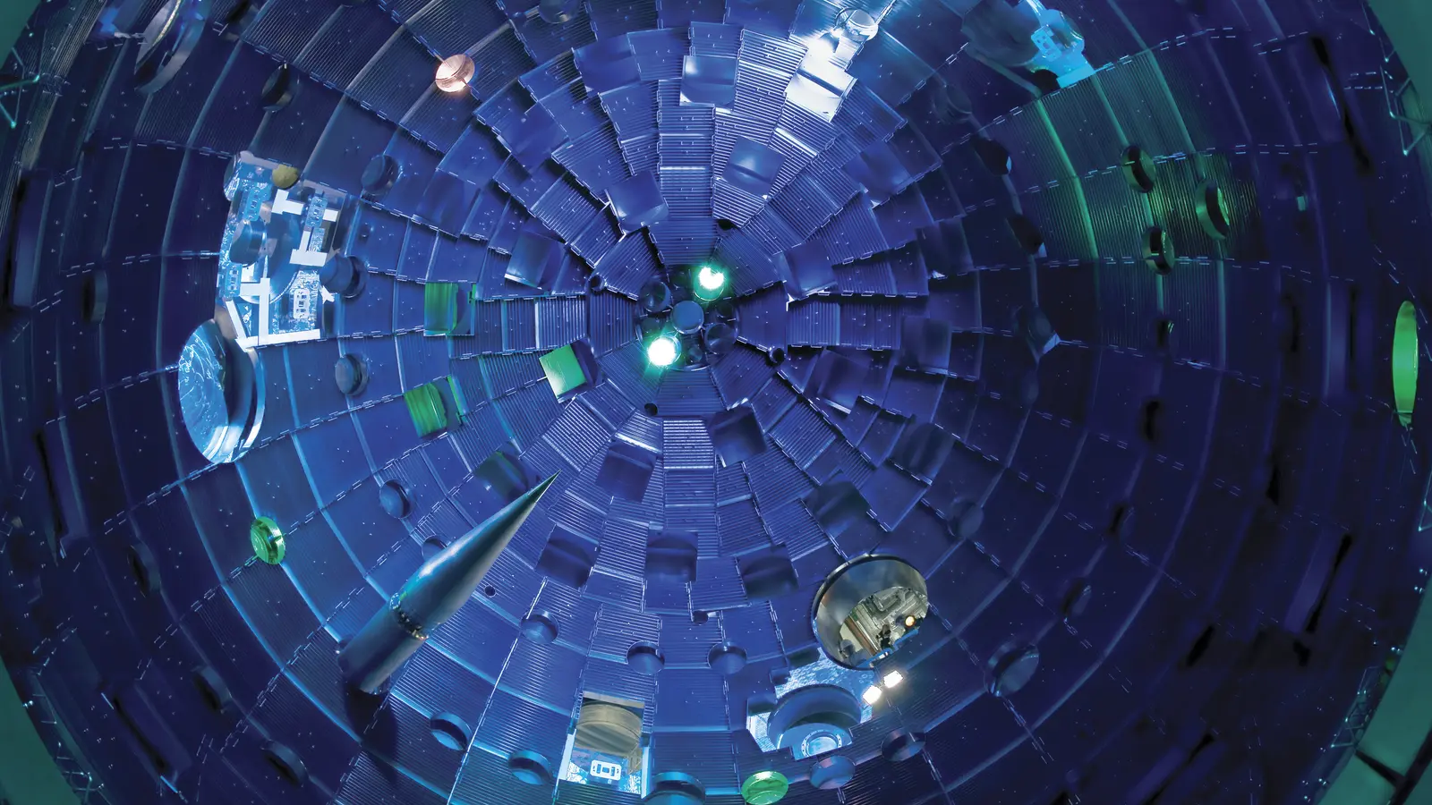 View from the bottom of the National Ignition Facility target chamber with the target positioner inserted